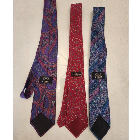 Men's Designer Neck Tie Bundle of 3 Fendi Valentino 100% Silk - Picture 3 of 6